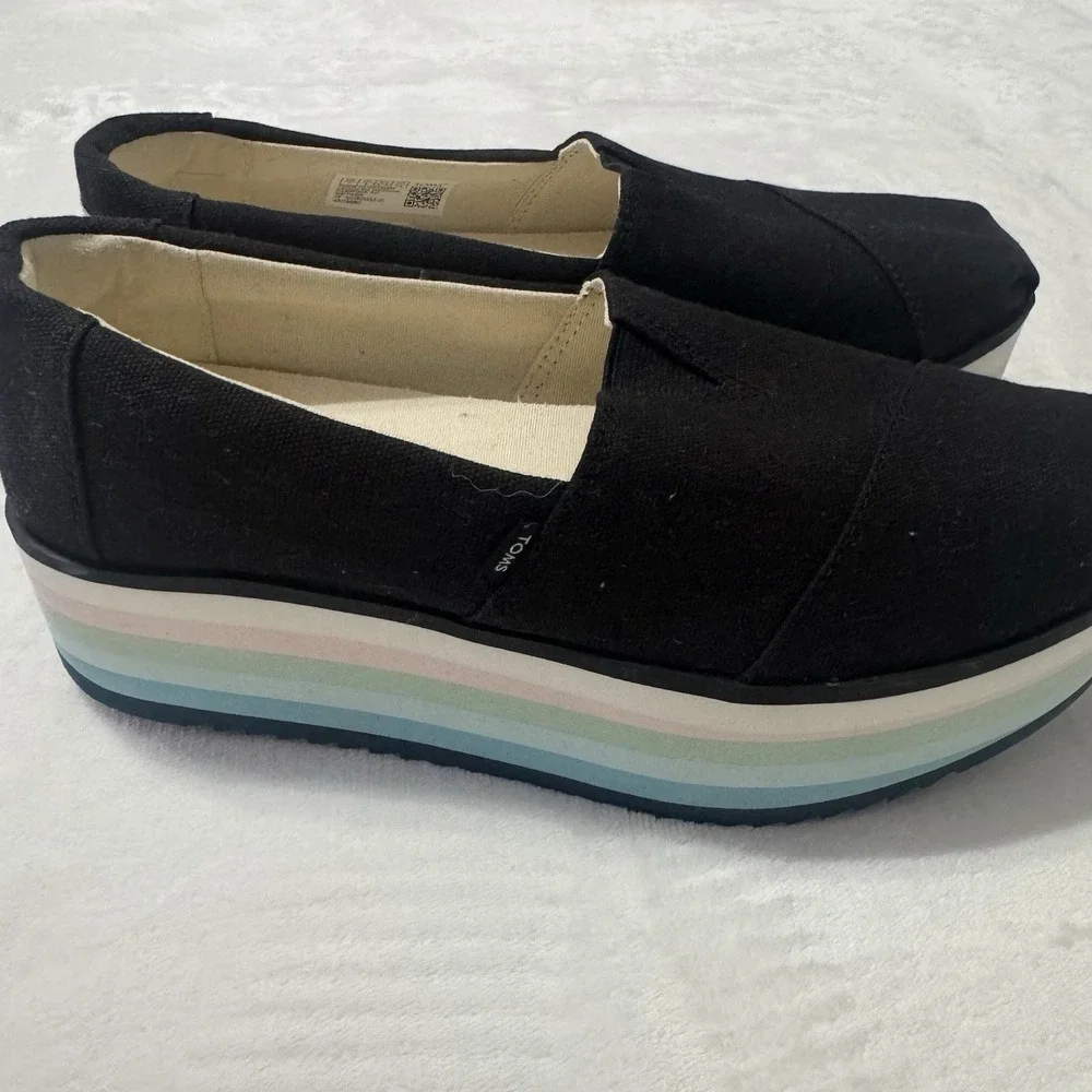 TOMS Alpargata Platform Shoes Rainbow Sole Black Canvas Women's Size 7